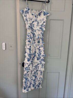 V. Chapman White & Blue Floral Ruffle Maxi Dress